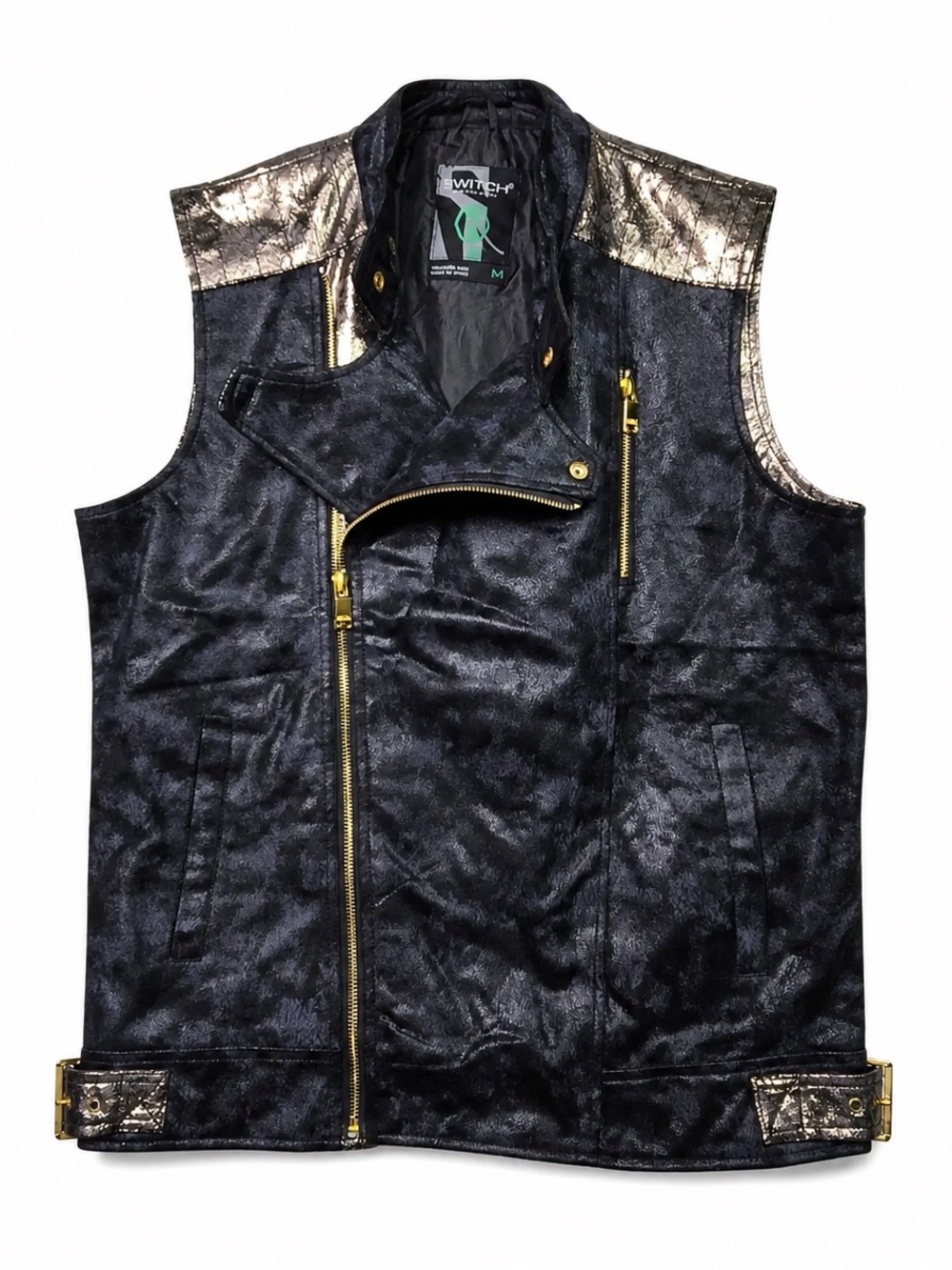NWT SWITCH REMARKABLE Black & Gold Suedette Buckle Moto Vest Sleeveless Jacket